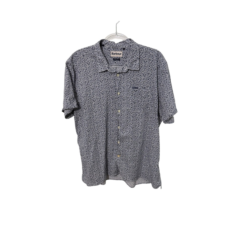 Barbour Button Down Shirt Mens Large Blue Floral Leaf Regular Fit Short Slv